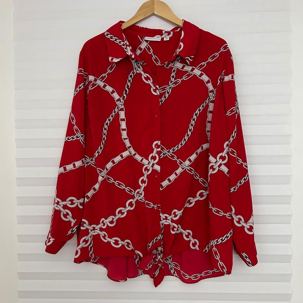Susan Graver Red Chain Link Print Tie Front Button Down Blouse Plus Size 24W